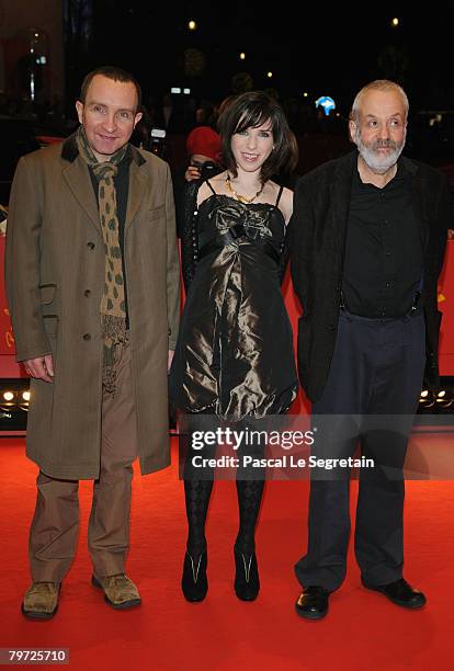 Eddie Marsan, Sally Hawkins and director Mike Leigh attend the 'Happy-Go-Lucky' Premiere as part of the 58th Berlinale Film Festival at the Berlinale...