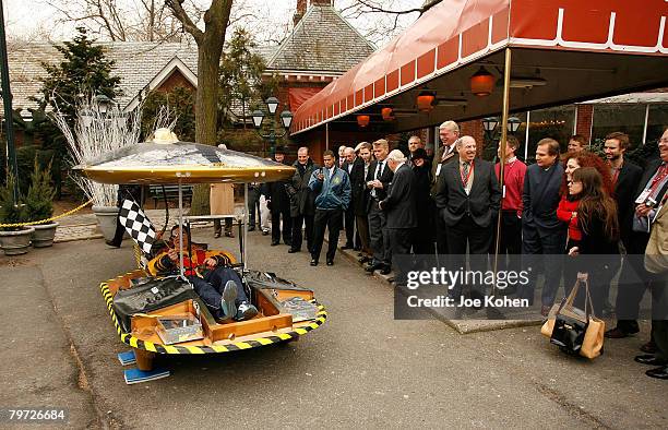 Marcelo da Luz arrives in a solar car to the Great Race 2008: New York to Paris press conference on February 12, 2008 in New York City