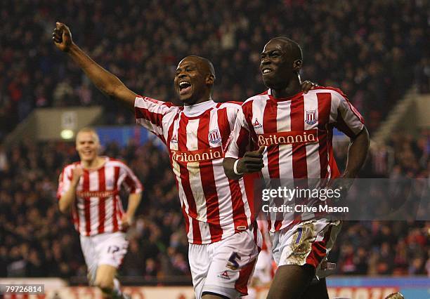 Mamady Sidibie of Stoke City celebrates his goal with team mate Leon Cort during the Coca Cola Championship match between Stoke City and Southampton...