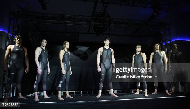 Ryan Lochte, Katie Hoff,Amanda Beard, Michael Phelps, Natalie Coughlin, Kate Ziegler, and Dara Torres model the new LZR RACER during the new Speedo...