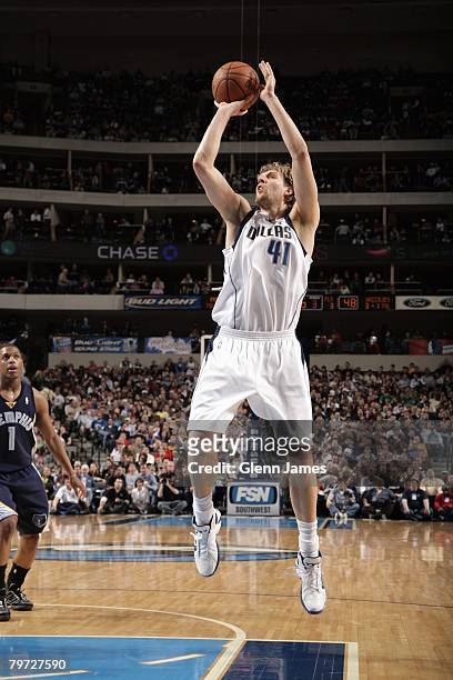 Dirk Nowitzki of the Dallas Mavericks shoots a jumper during the game against the Memphis Grizzlies at the American Airlines Center on February 8,...