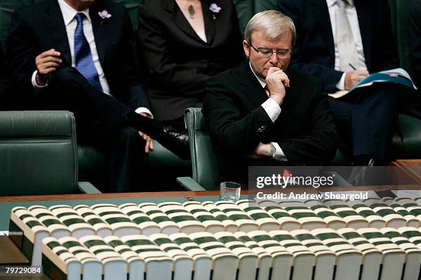 Australian Prime Minister Kevin Rudd prepares to deliver an apology to the Aboriginal people for injustices committed over two centuries of white...