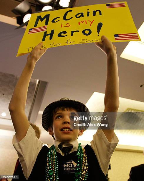 Jake Trautwein of Great Falls, celebrates at a primary night party for U.S. Presidential hopeful Sen. John McCain February 12, 2008 in Alexandria,...