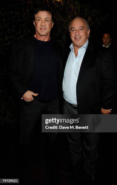 Sylvester Stallone and Sir Philip Green arrive at the UK gala premiere of "Rambo" at the Vue Cinema Leicester Square on February 12, 2008 in London,...