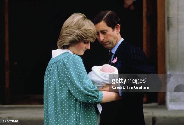 Prince Charles, Prince of Wales and Diana, Princess of Wales leave St Mary's Hospital in Paddington with their baby son, Prince William
