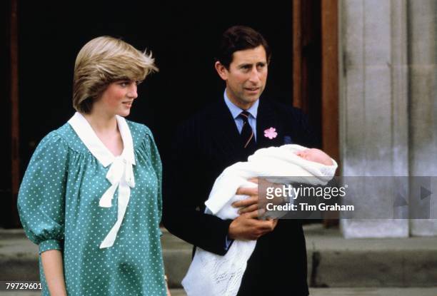 Prince Charles, Prince of Wales and Diana, Princess of Wales leave St Mary's Hospital in Paddington with their baby son, Prince William