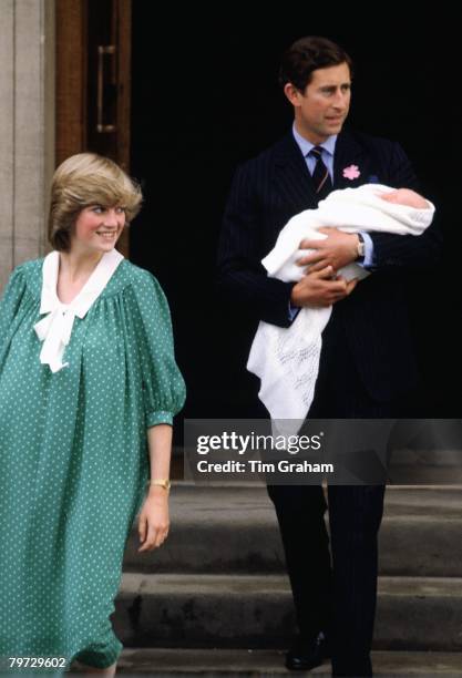 Prince Charles, Prince of Wales and Diana, Princess of Wales leave St Mary's Hospital in Paddington with their baby son, Prince William