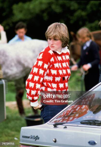 Diana, Princess of Wales wearing 'Black sheep' wool jumper by Warm and Wonderful to Windsor Polo, June 1981.