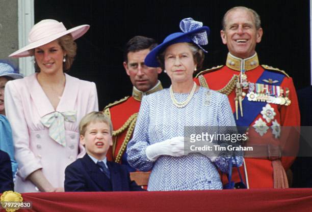 Queen Elizabeth II, Prince Philip, Prince Charles, Diana Princess of Wales and Prince William stand on the balcony of Buckingham Palace for Trooping...