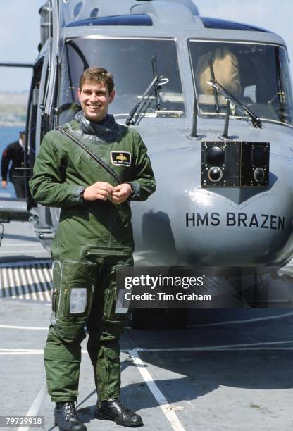 Prince Andrew starts a new job as a Royal Navy Helicopter Pilot on board HMS Brazen, Plymouth