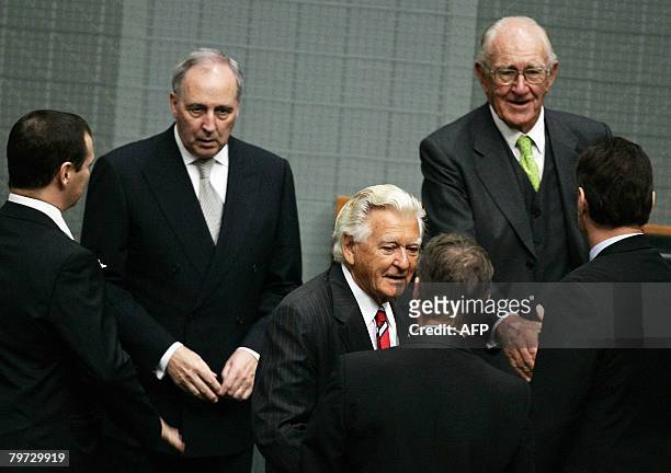 Former Australian prime ministers Paul Keating, Bob Hawke and Malcolm Fraser are seen in the chambers to hear Australian Prime Minister Kevin Rudd...