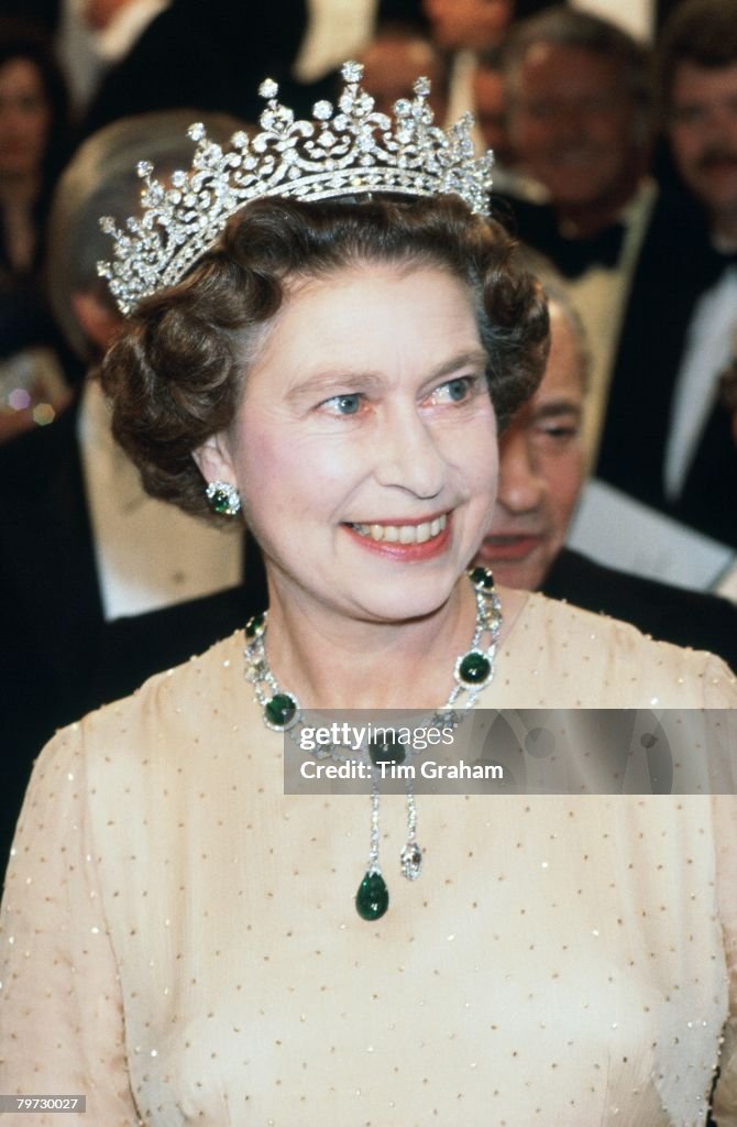 Queen Elizabeth II at the Royal Variety Performance wearing