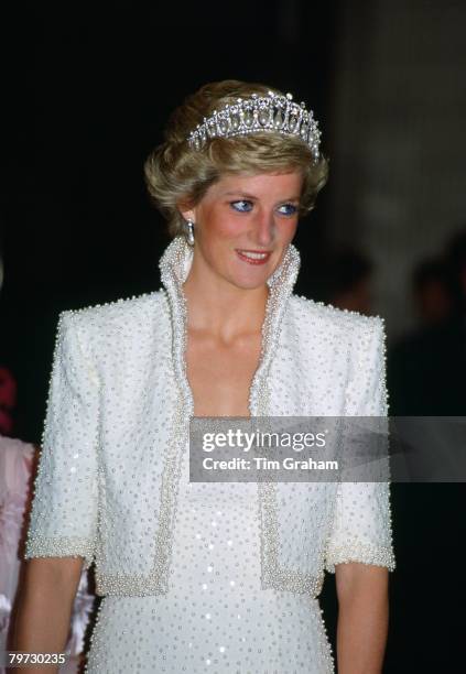 Princess Diana in Hong Kong, wears an outfit described as the 'Elvis dress' designed by Catherine Walker