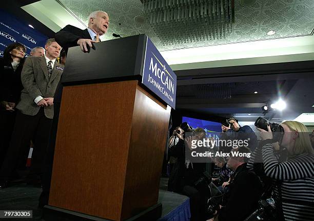 Republican U.S. Presidential hopeful Sen. John McCain speaks to supporters during a primary night party February 12, 2008 in Alexandria, Virginia....