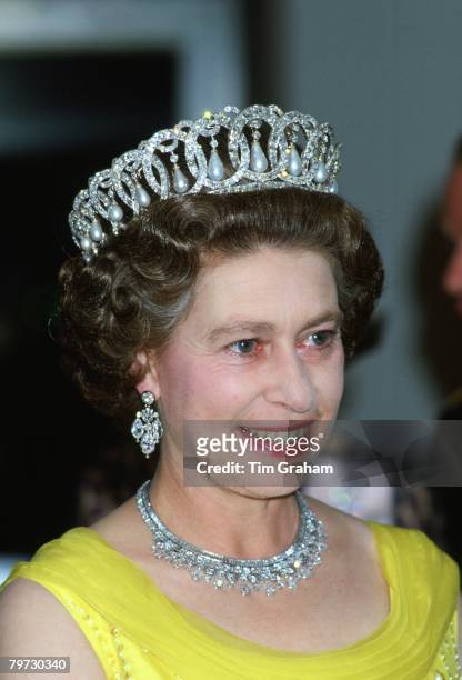 Queen Elizabeth II wears the Russian Tiara at a banquet during an official tour of Germany,
