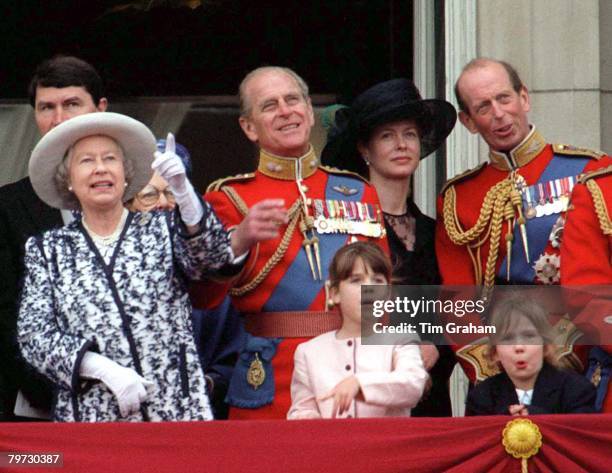 Queen Elizabeth II and Prince Philip are joined on the balcony of Buckingham Palace by Princess Eugenie and the Duke of Kent for Trooping the Colour