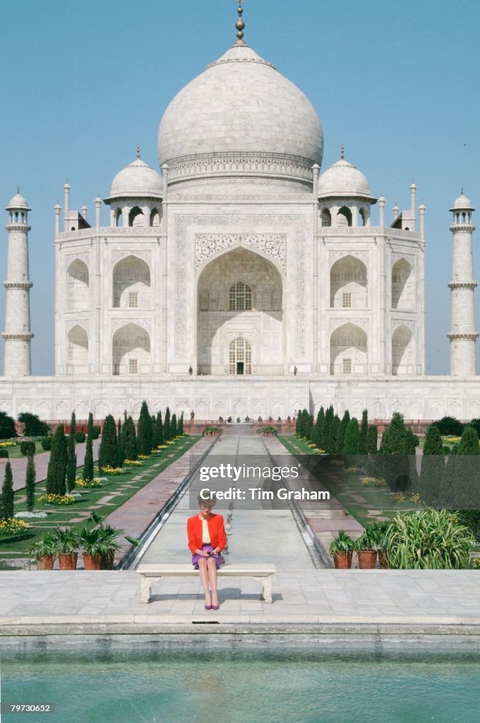 Diana Princess of Wales sits in front of the Taj Mahal durin