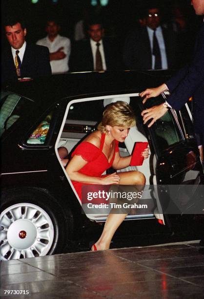 Diana, Princess of Wales, arriving for a dinner in Argentina, Her dress is designed by fashion designer Catherine Walker