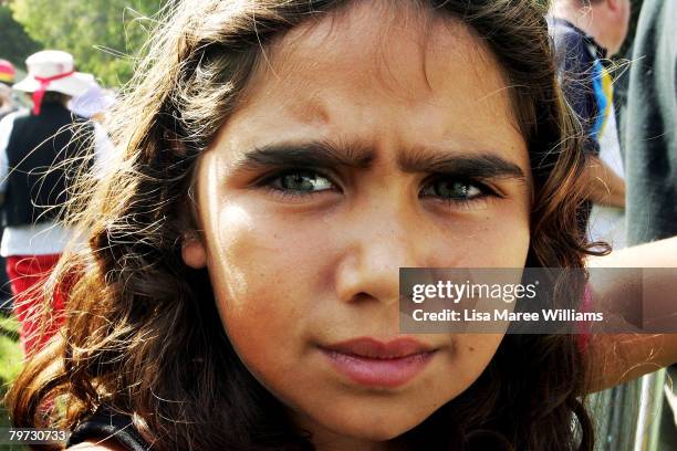 Moesha Freeman arrives at the Parliament lawns as Australian Prime Minister Kevin Rudd delivers an apology to the Aboriginal people for injustices...