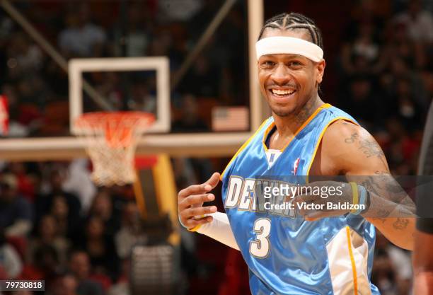 Allen Iverson of the Denver Nuggets takes a breather against the Miami Heat on February 12, 2008 at the American Airlines Arena in Miami, Florida....
