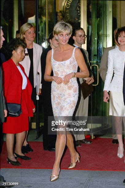 Diana, Princess of Wales arriving for a gala party to launch the Christie's dress auction to raise money for her charities, She is wearing a cocktail...