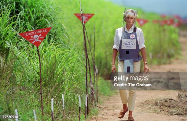 Diana, Princess of Wales wearing protective body armour and a visor visits a landmine minefield being cleared by the charity Halo in Huambo, Angola