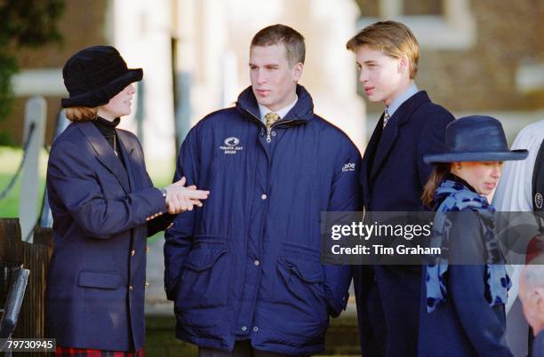 Prince William with his cousins Peter Phillips and Zara Phillips at Sandringham Church on Christmas Day