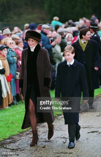 Diana, Princess of Wales and Prince William attending Christmas Day Service at Sandringham