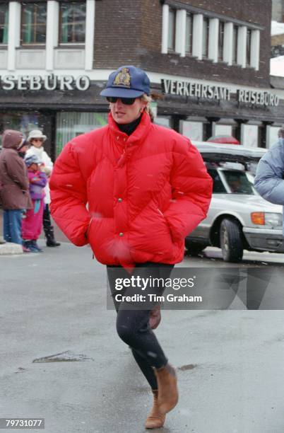 Diana, Princess of Wales running whilst on a skiing holiday in Lech, Austria