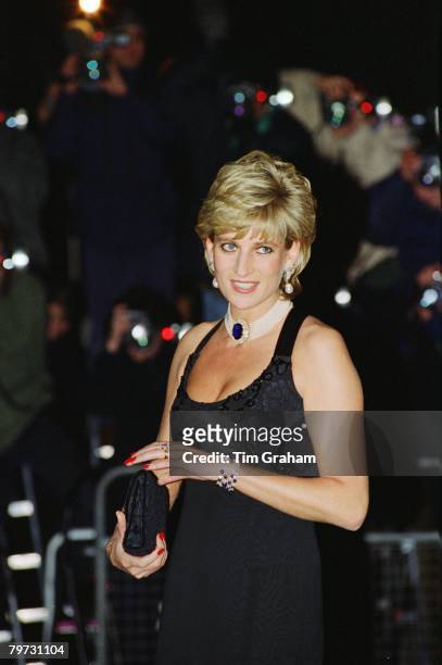Diana, Princess of Wales attending a Gala evening in aid of Cancer Research at Bridgewater House in London, Her dress has been designed by Jacques...