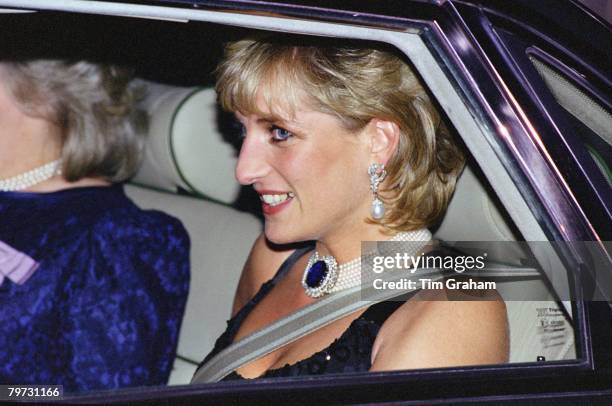 Diana, Princess of Wales leaving a gala evening in aid of Cancer Research at Bridgewater House in London