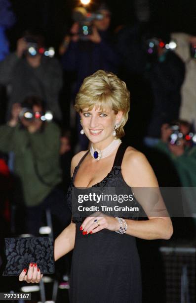 Diana, Princess of Wales attending a Gala evening in aid of Cancer Research at Bridgewater House in London, Her dress has been designed by Jacques...