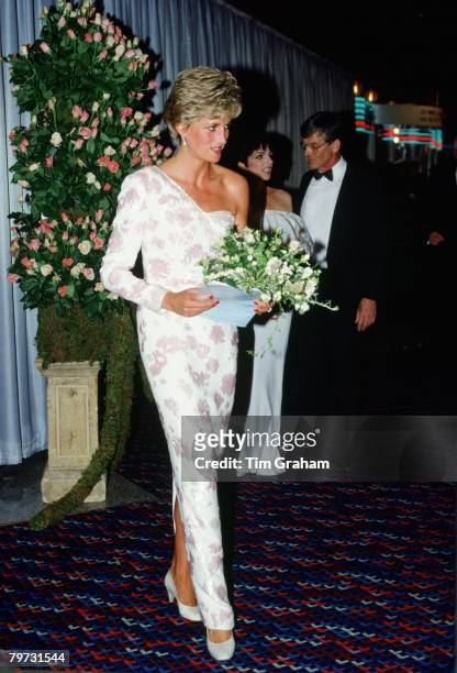 Diana, Princess of Wales, attending the film premiere at the Empire cinema in Leicester Square of "Stepping Out" to raise funds for the Trust for...