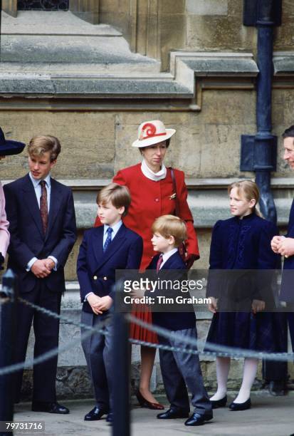 Peter Phillips, Prince William, Prince Harry, Princess Anne, Princess Royal, Zara Phillips and Prince Charles, Prince of Wales at St George's Chapel...