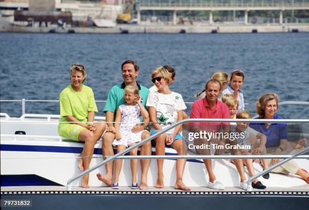 Diana, Princess of Wales enjoys a summer holiday in Majorca on board King Juan Carlos of Spain's yacht "Fortuna", Queen Anne-Marie, King Constantine...