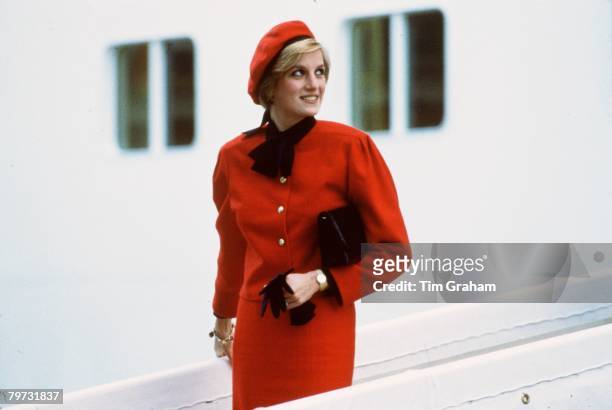 Diana, Princess of Wales wears a charm bracelet aboard the new P&O cruise liner "Royal Princess", named in honour of her, after giving the ship its...
