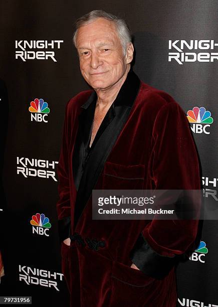 Chief Creative Officer of Playboy Enterprises Hugh Hefner attends the premiere of NBC's "Knight Rider" at the Playboy Mansion February 12, 2008 in...