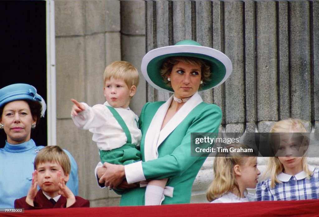 Diana, Princess of Wales, holding a young Prince Harry in he