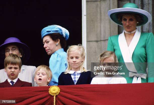 Diana, Princess of Wales watches Trooping the Colour with Prince William, Prince Harry, Lady Rose Windsor, Lady Davina Windsor and Princess Margaret...