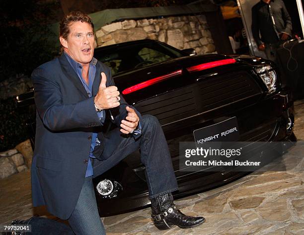Actor David Hasselhoff attends the premiere of NBC's "Knight Rider" at the Playboy Mansion February 12, 2008 in Los Angeles, California.