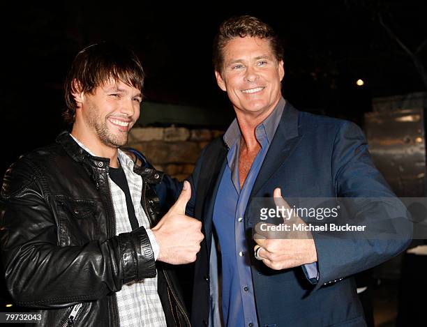 Actor Justin Bruening and actor David Hasselhoff attend the premiere of NBC's "Knight Rider" at the Playboy Mansion February 12, 2008 in Los Angeles,...