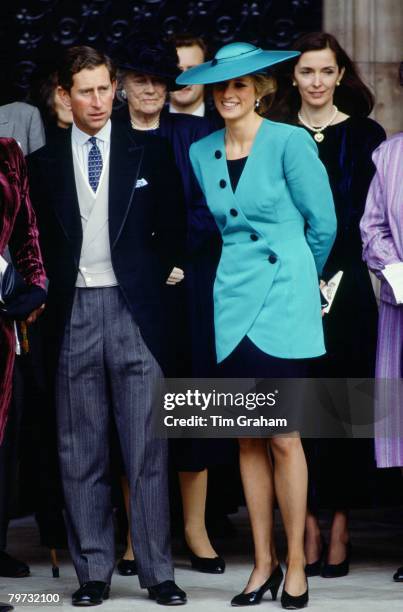 Prince Charles, Prince of Wales and Diana, Princess of Wales at the society wedding of Miss Camilla Dunne to the Honourable Rupert Soames at Hereford...