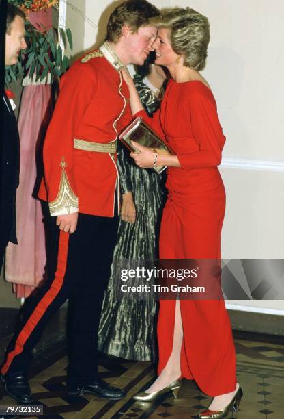 Diana, Princess of Wales kisses her brother, Earl Charles Spencer at the Birthright Ball