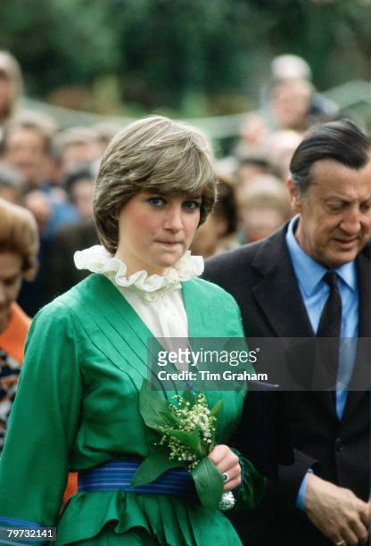 Lady Diana Spencer on a walkabout at Broadlands during her engagement, The frilly collar, a distinctive pie frill shape, was a favourite at that time