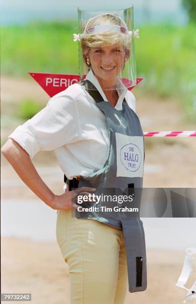 Diana, Princess of Wales visits mined areas being cleared by the charity Halo in Huambo, Angola, Diana is wearing protective body armor and a visor