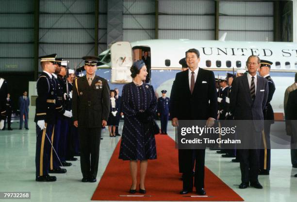 Queen Elizabeth II and Prince Philip, Duke of Edinburgh with President Ronald Reagan at a welcoming ceremony in Santa Barbara, USA