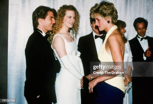 Diana, Princess of Wales meets actors Tom Cruise and Nicole Kidman at the premiere of "Far and Away" at the Leicester Square Empire Cinema, She is...