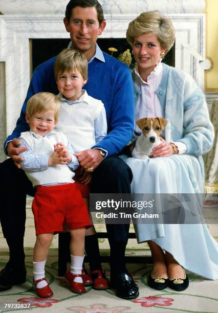 Prince Charles, Prince of Wales and Diana, Princess of Wales at home in Kensington Palace with their sons Prince William and Prince Harry