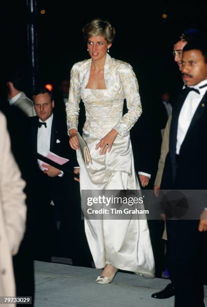 Diana, Princess of Wales wears a dress designed by Victor Edelstein to the Brooklyn Academy of Music to see the Welsh National Opera Gala production...