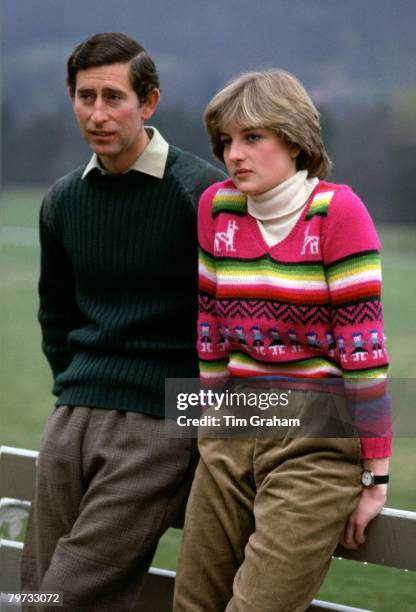 Prince Charles, Prince of Wales with his fiance Lady Diana Spencer during a photocall before their wedding while staying at Craigowan Lodge on the...